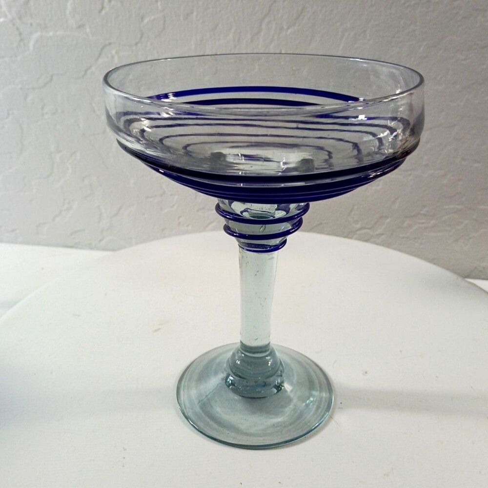 Vintage Blue Swirl Hand Blown Glass Margarita Glass Cocktail Goblets